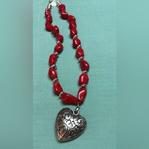 Handmade Coral Beaded Necklace with Intricate Silver Heart Pendant